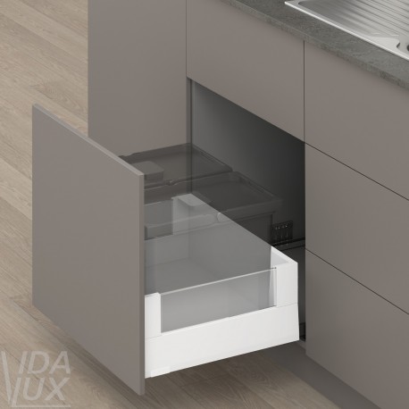 MERIVOBOX E комплект шухляди під смітник з BOXCOVER та склом, НД&nbsp;550&nbsp;мм, 70&nbsp;мм, TIP-ON BLUMOTION, білий "Шовк"