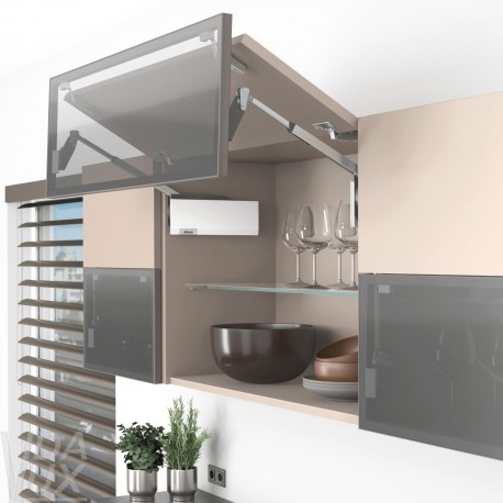 AVENTOS HF top підіймальна система, механізм F28, важіль F39, фасад дер. і вуз.алюм.проф., білі заглушки