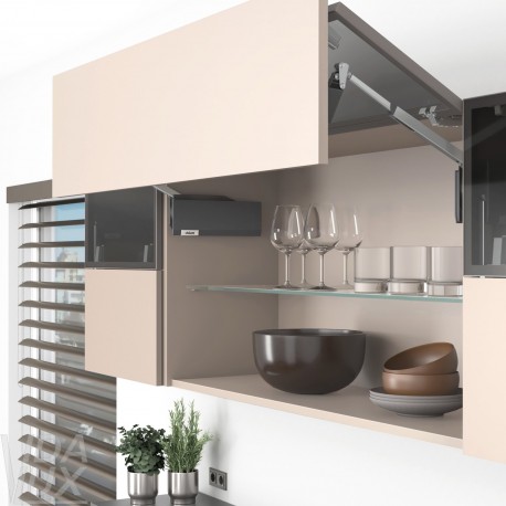 AVENTOS HF top підіймальна система, механізм F28, важіль F39, фасад вуз.алюм.проф. і дер., темно-сірі заглушки