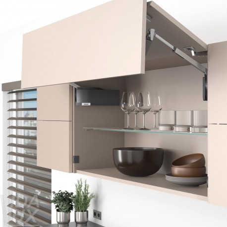AVENTOS HF top підіймальна система, механізм F25, важіль F32, дерев`яний фасад, темно-сірі заглушки, SERVO-DRIVE