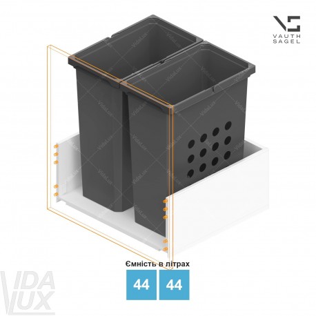 Комплект кошиків для білизни VS WASH, ширина корпусу&nbsp;KB – 600&nbsp;мм, висота&nbsp;– 550&nbsp;мм, об`єм&nbsp;– 44,&nbsp;44&nbsp;л, сіра "Лава"